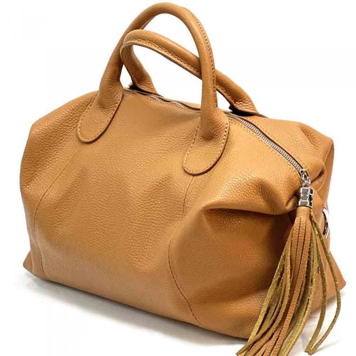 Pebbled Leather Satchel: Natural Grain Italian Style Travel Bag
