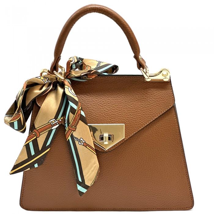Classic Flap Design Tote in Pebbled Italian Leather, with Detachable Silk Scarf. Handmade in Florence, Italy. Free Shipping to the US.
