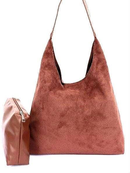 Rusty Brown Vegan Suede Hobo Bag with Pouch