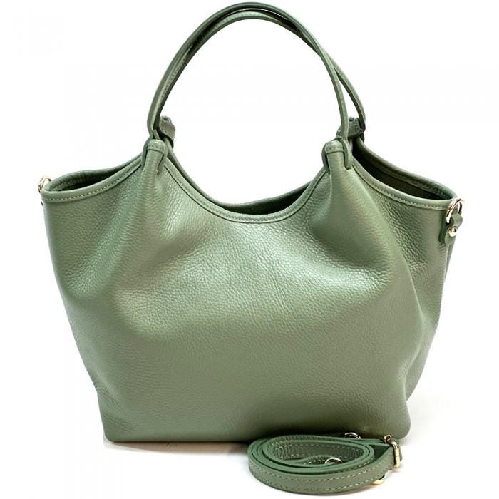 Sea green full-grain leather Tote with Adjustable Shoulder Straps, Handmade in Italy. Gift With Purchase. Surprise!