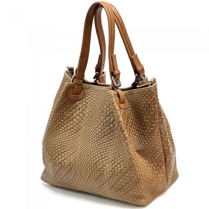 Textured Leather Shoulder Bag: Handmade Italian Coco-Colored Tote