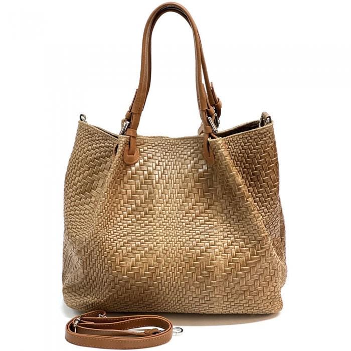 Textured Leather Shoulder Bag: Handmade Italian Coco-Colored Tote