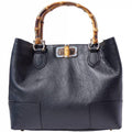 Tote Bag in Black Calfskin with  Bambo Shape Wood  Handles. Handmade in Italy, Free Shipping