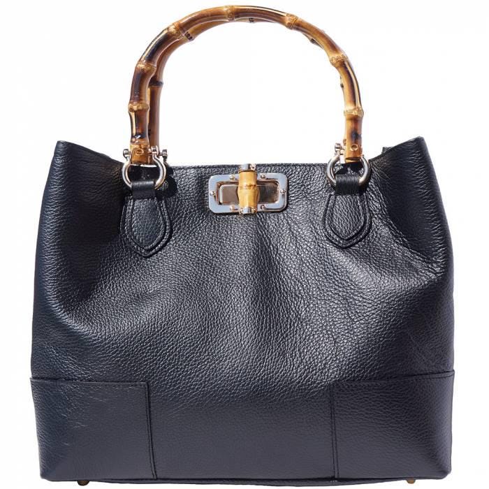 Pebbled Leather Tote Bag, (L) Bamboo Handles, Handmade in Italy