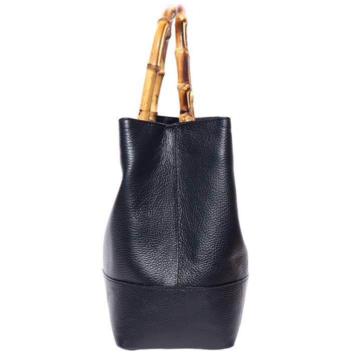 Tote Bag in Black Calfskin with  Bambo Shape Wood  Handles. Handmade in Italy, Free Shipping