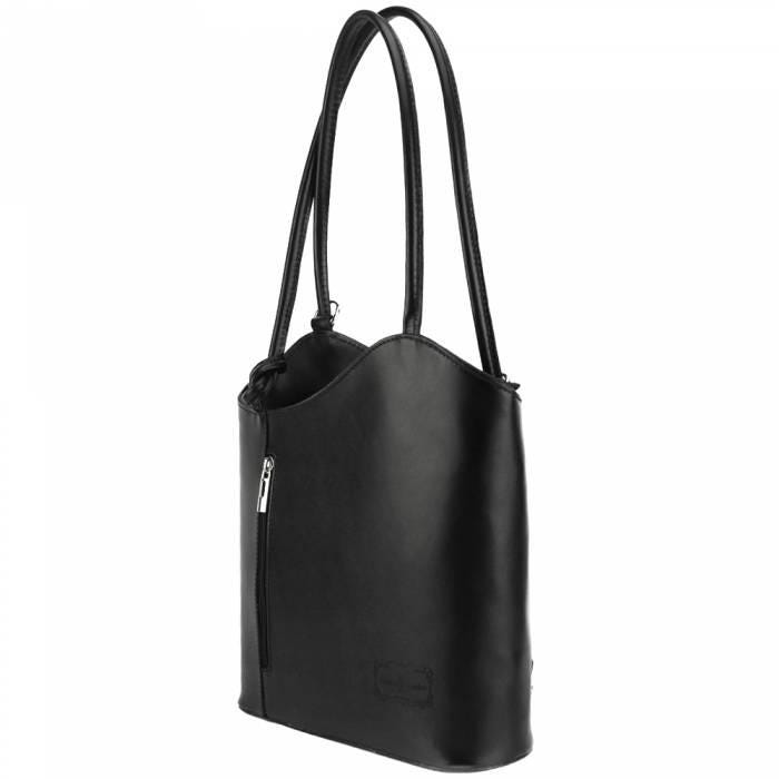 Handmade Italian Leather Convertible Tote Backpack - Polished Black