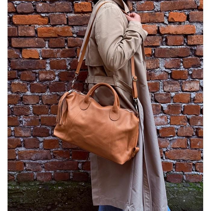 Camel Color Top Handle Bag-Pebbled Premium Leather Handmade in Italy Free Shipping