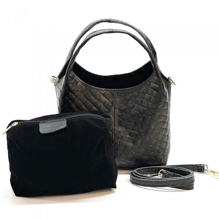 Metallic Black Leather Hobo Bag Handmade in Italy, Crossbody or Handheld,  Free Shipping