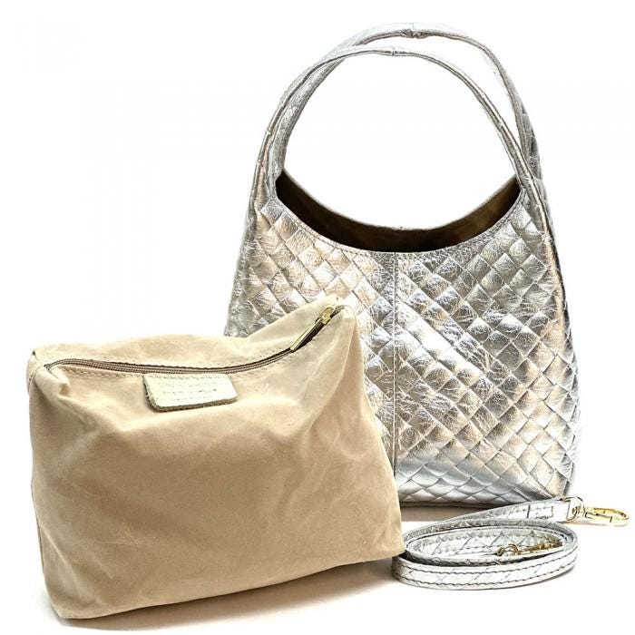 Lux Handmade, Quilted Leather Hobo Bag in Metallic Silver, Made in Italy, Free Shipping