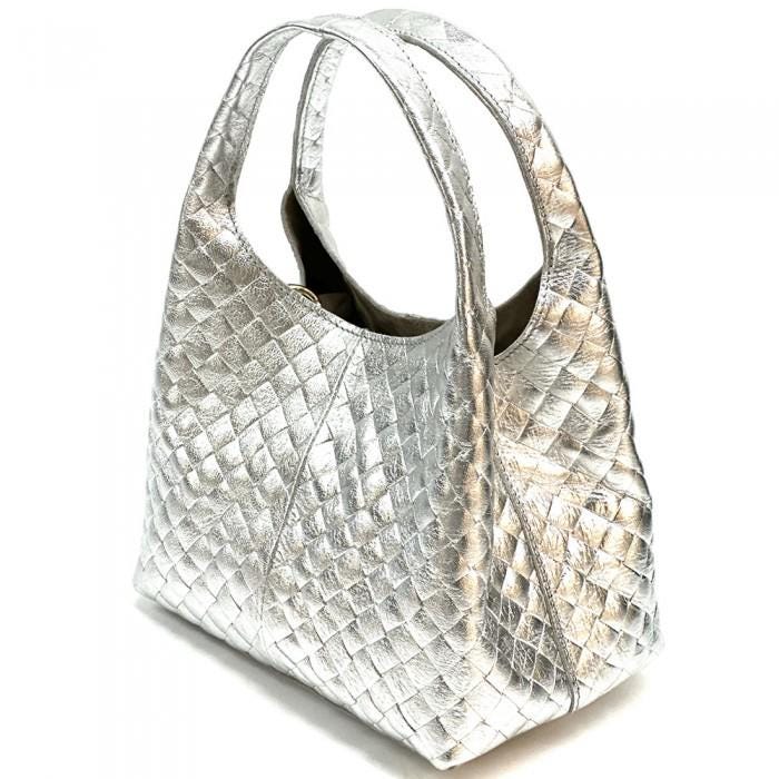 Lux Handmade, Quilted Leather Hobo Bag in Metallic Silver, Made in Italy, Free Shipping