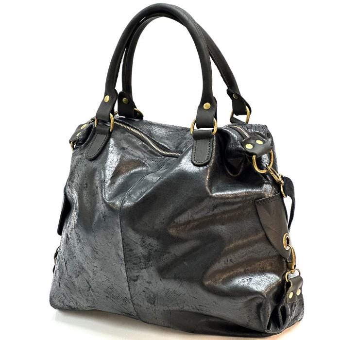 Slouchy, Black Leather Hobo Tote Bag Handmade in Italy, Free Shipping
