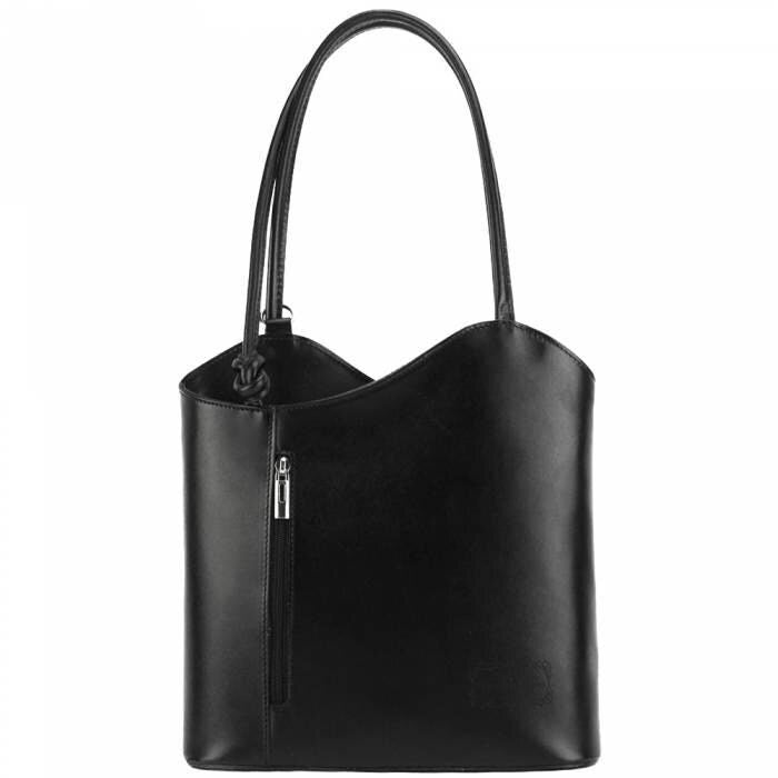 Handmade Italian Leather Convertible Tote Backpack - Polished Black