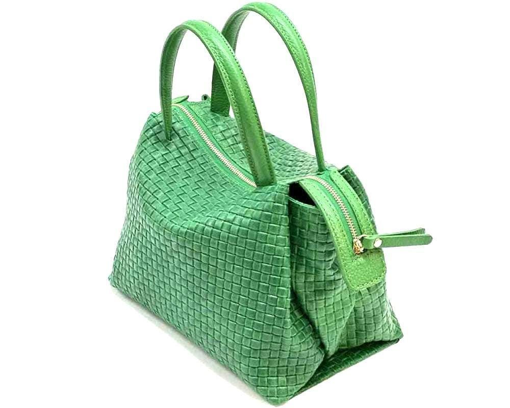 Price Just Reduced, Stamped Woven Style Leather, Boston Bag in Black, Handcrafted in Florence, Italy, Free Shipping