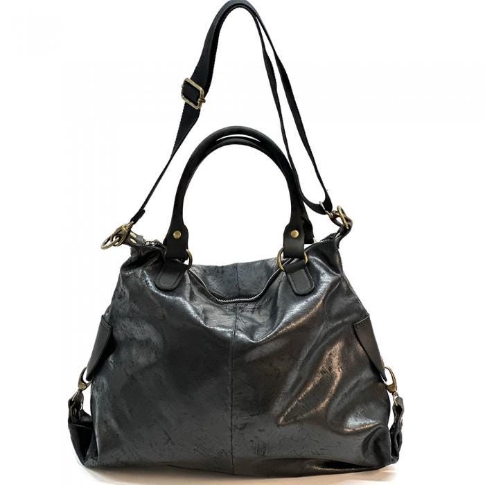 Handmade Italian Leather Hobo Tote Bag: Slouchy Black Shoulder Bag