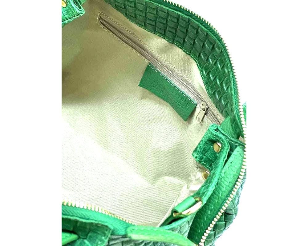 Price Just Reduced, Stamped Woven Style Leather, Boston Bag in Black, Handcrafted in Florence, Italy, Free Shipping