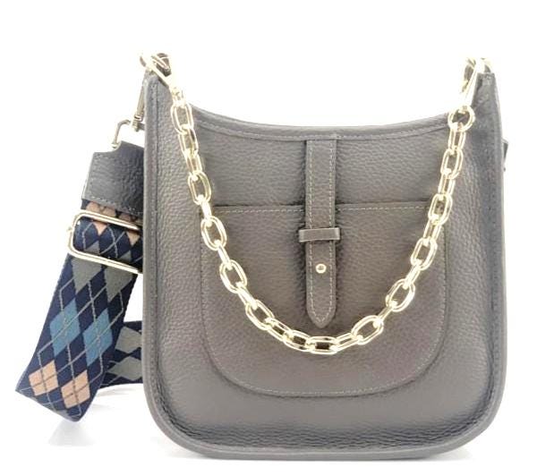 Full Grain Pebbled Shoulder Bag with Chain Detail and Adjustable Strap, Made in Italy, Free Shipping