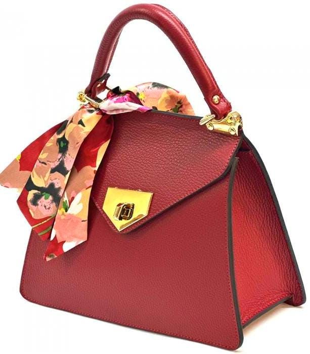 Classic Flap Design Tote in Pebbled Italian Leather, with Detachable Silk Scarf. Handmade in Florence, Italy. Free Shipping to the US.