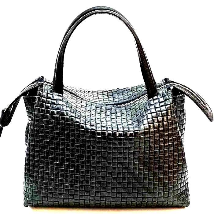 Stamped Woven Style Leather, Boston Bag, Handcrafted in Florence, Italy, Free Shipping