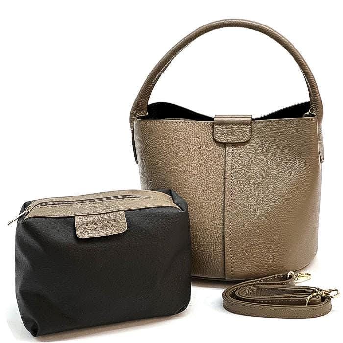 Handmade Full Grain Leather Bucket Tote with Pochette - Taupe Italian Leather