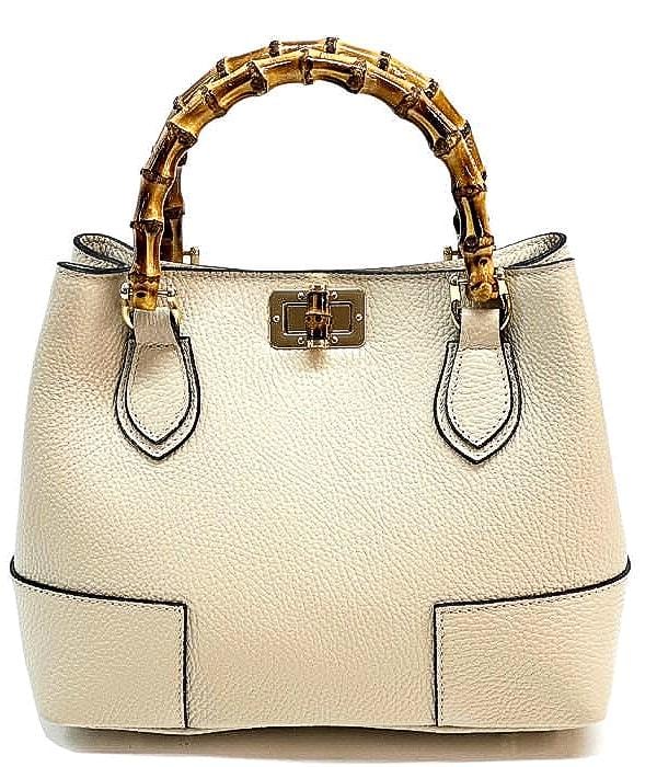 Leather Tote with Natural Bambo Handles (small) Handcrafted in Italy, Free Shipping