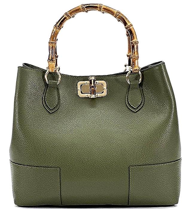 Leather Tote with Natural Bambo Handles (small) Handcrafted in Italy, Free Shipping