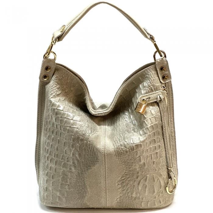 Embossed Suede and Leather Hobo Bag, Handmade in Italy, Free Shipping