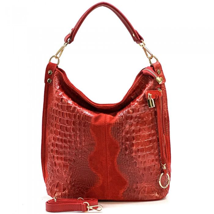 Red Python- Embossed Suede and lLeather Hobo Bag, Handmade in Italy, Free Shipping