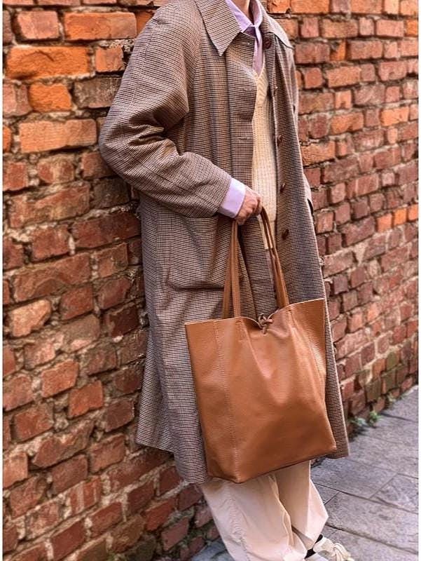 Pebbled Leather, Lightweight Tote/Shopping Bag With Separate Pouch, Handmade in Italy, Free Shipping to the US