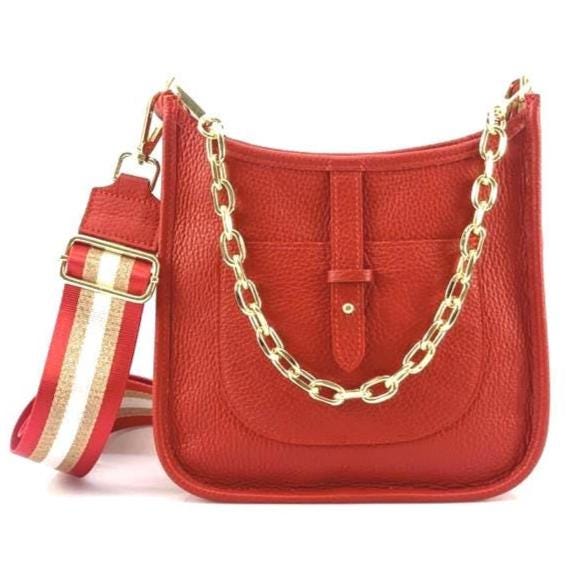 Full Grain Pebbled Shoulder Bag with Chain Detail and Adjustable Strap, Made in Italy, Free Shipping