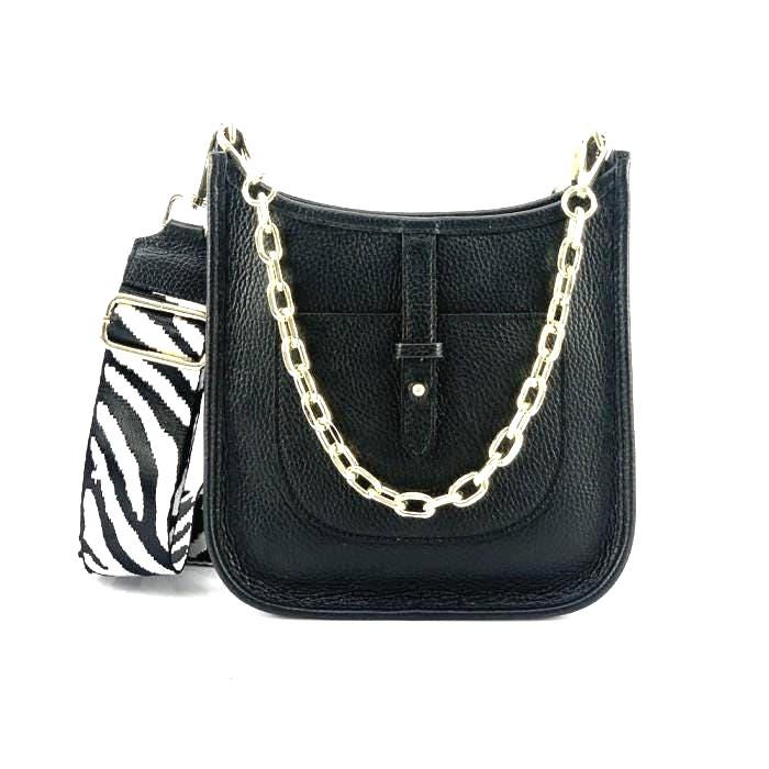 Full Grain Pebbled Shoulder Bag with Chain Detail and Adjustable Strap, Made in Italy, Free Shipping