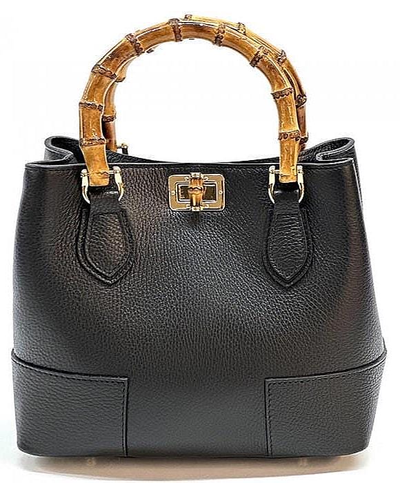 Leather Tote with Natural Bambo Handles (small) Handcrafted in Italy, Free Shipping