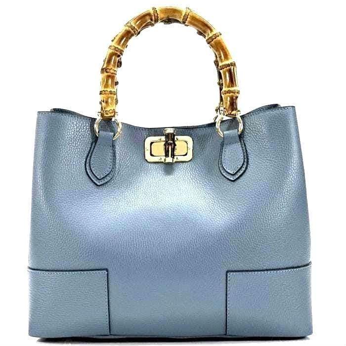 Bamboo Handle, Pebbled Leather Tote Bag (Large)