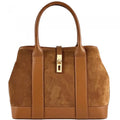 Suede and Full Grain Leather Tote Bag with Golden Hardware